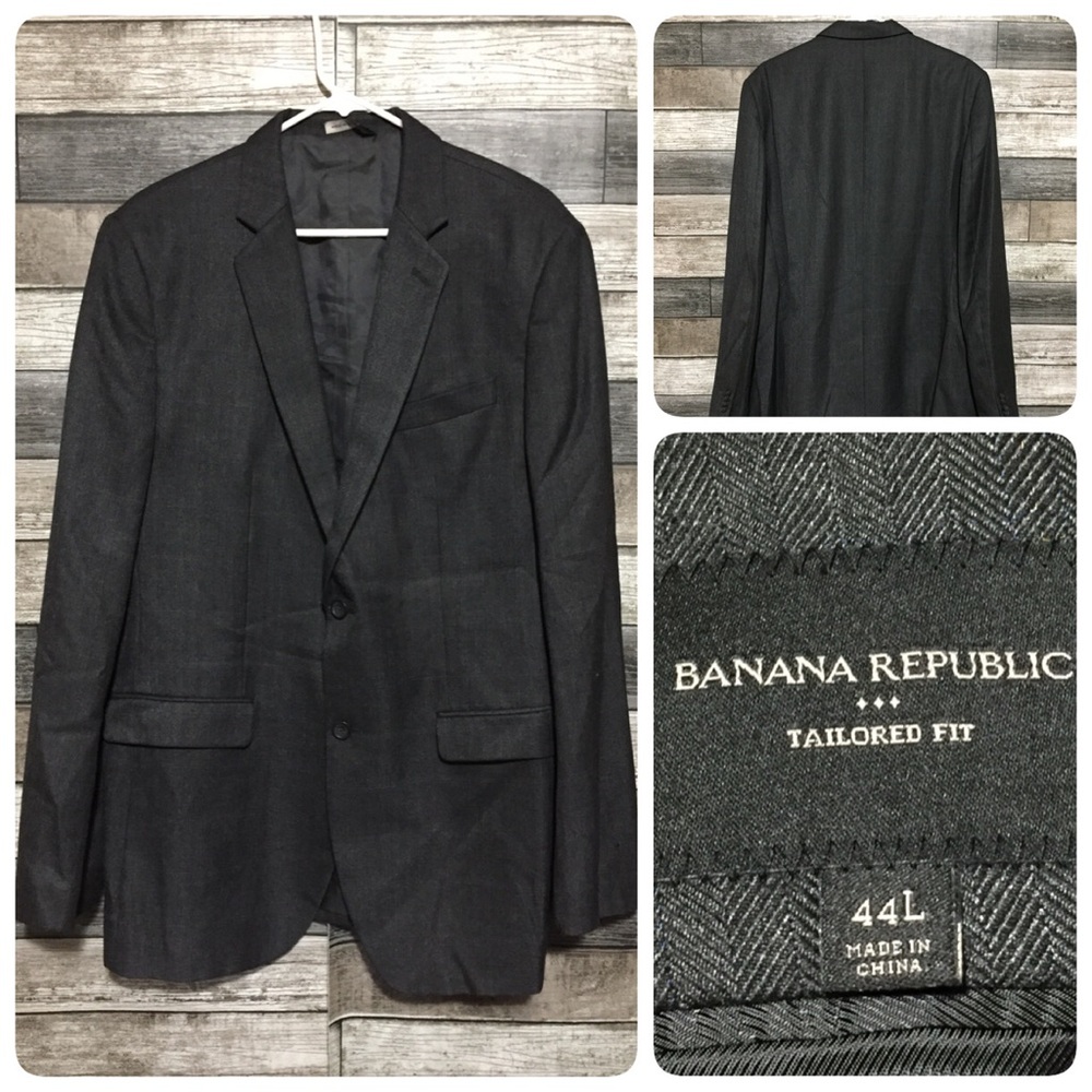 Banana Republic Tailored Fit Herringbone Blazer Men’s 44L Gray Plaid 2 Button